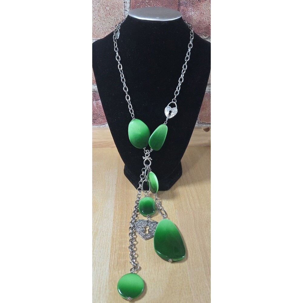 Yousi Signed Green Ombre Lariat Necklace Silver Heart Keyhole Charm Boho Long